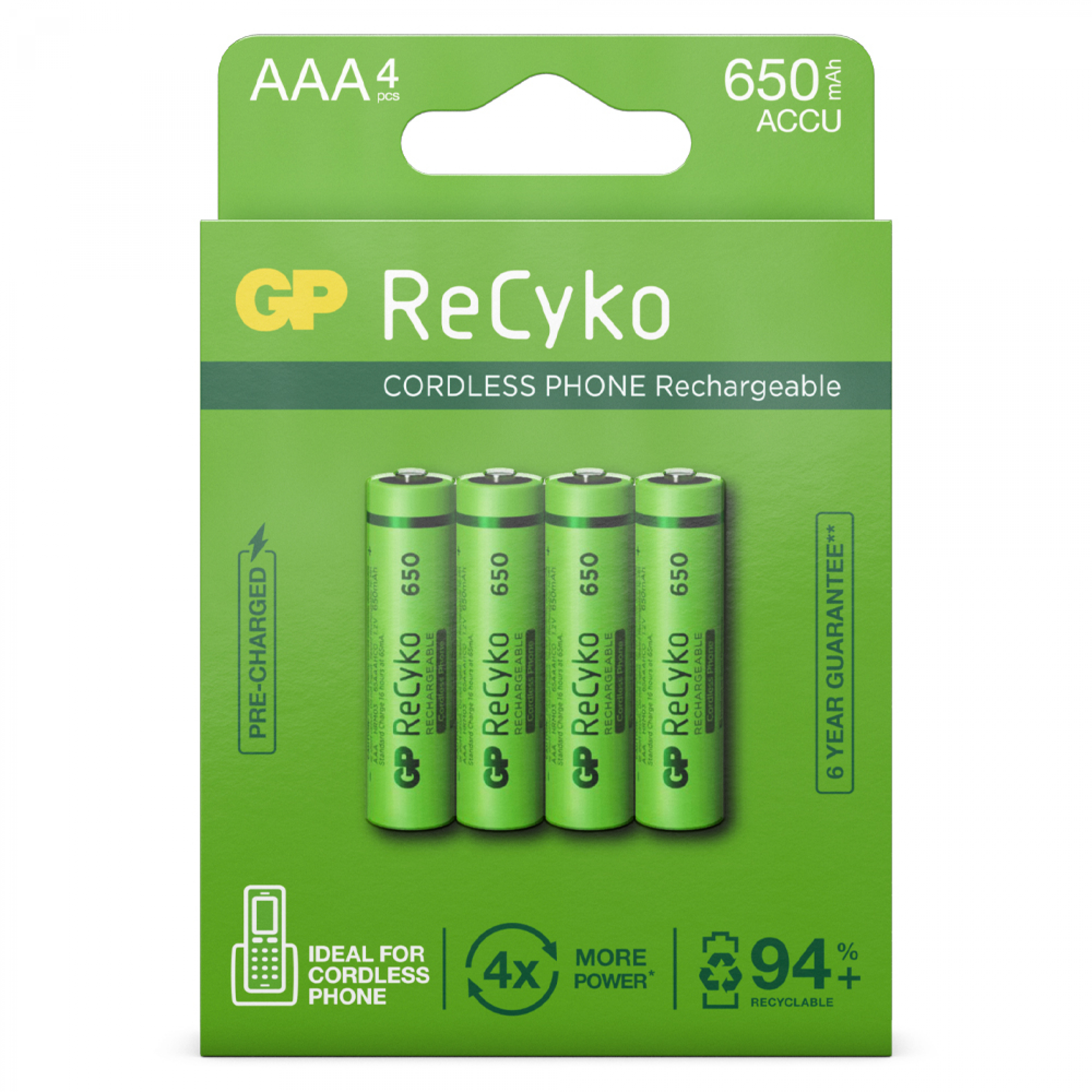 GP Recyko AAA HR03 Battery 650 mAh Phone - Blister of 4
