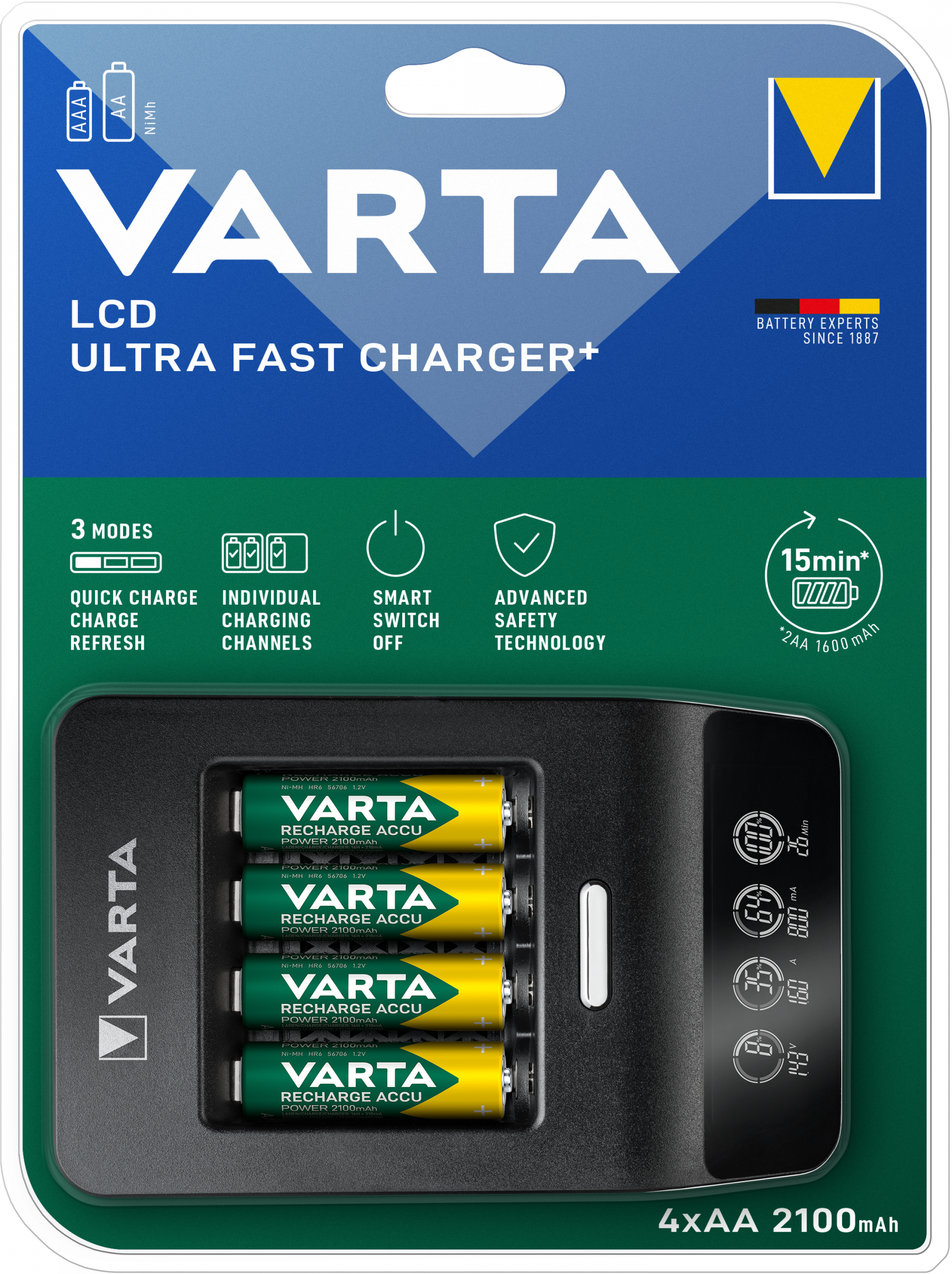 Varta LCD Lader Ultra Fast Charger+ 15 Minuten inkl. 4x AA R2U 2100 mAh